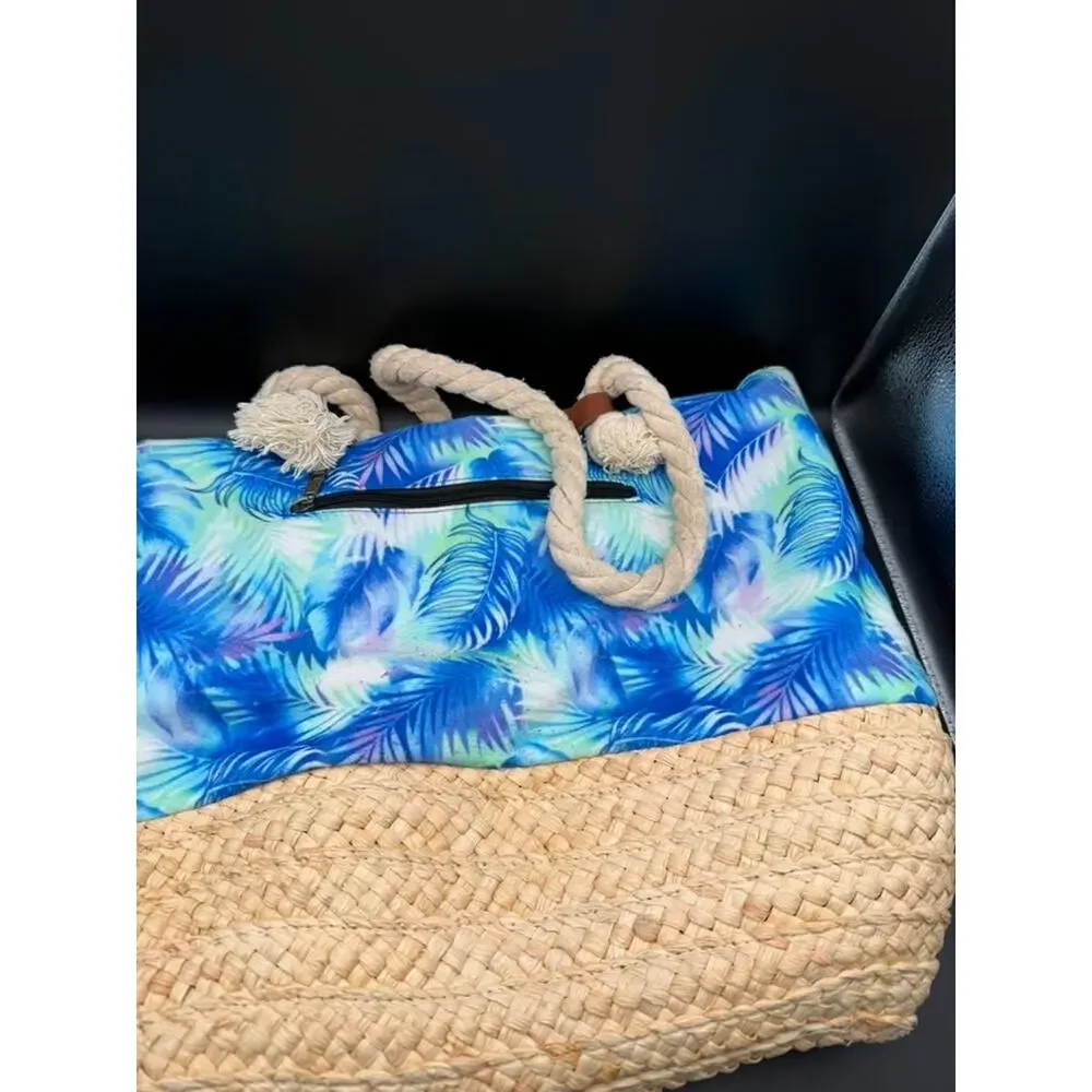 HEAT Swimwear Blue Palm Leaf Straw Beach Tote Bag Rope Handles Large Zip Top
